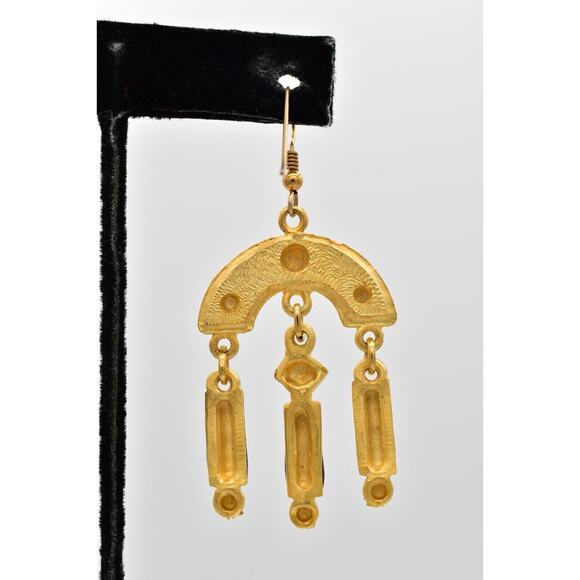 Vintage Dangle Earrings Brushed Gold Black Enamel Heavy Chunky NOS 1980s BinZ - Picture 9 of 12